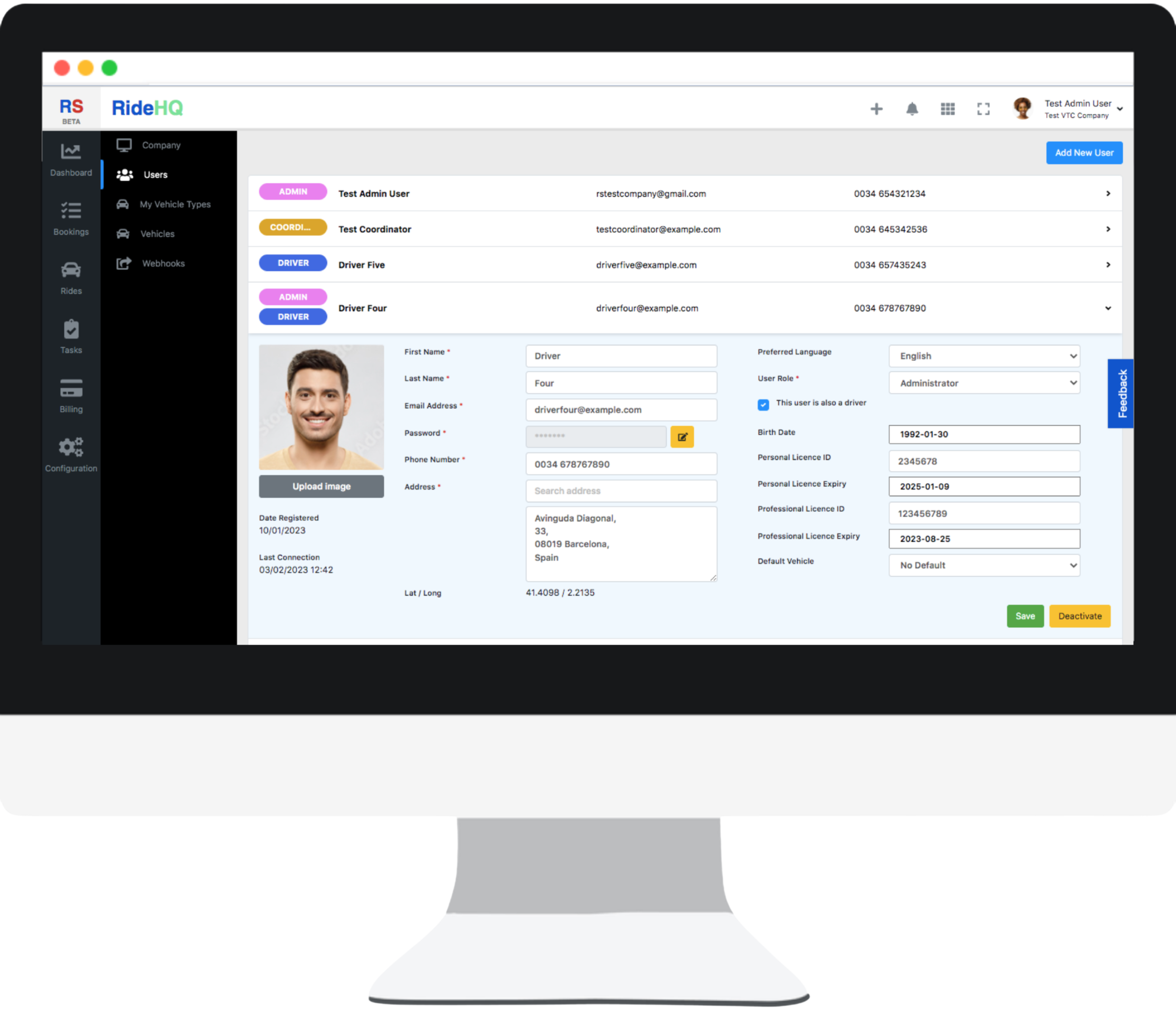 RideHQ user configuration